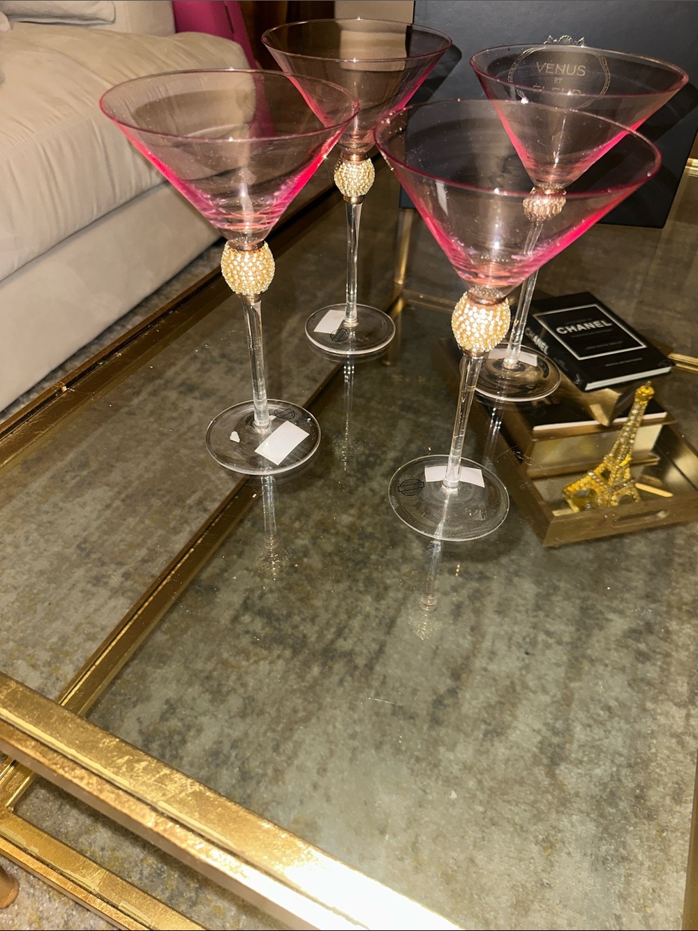 Pink Rhinestone Martini Glasses with Gold Beaded Stem - Set of 4